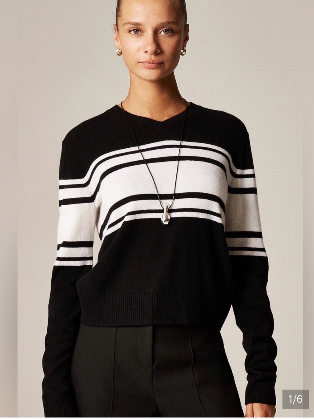 Black & White Striped V-Neck cashmere Sweater JCrew